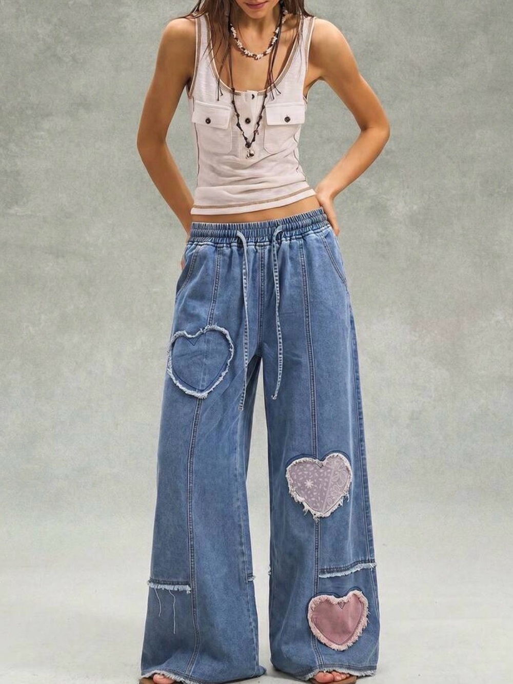 Heart patchwork pants Wide Leg Denim Patch Heart Pants distressed Blue - Picture 2 of 4
